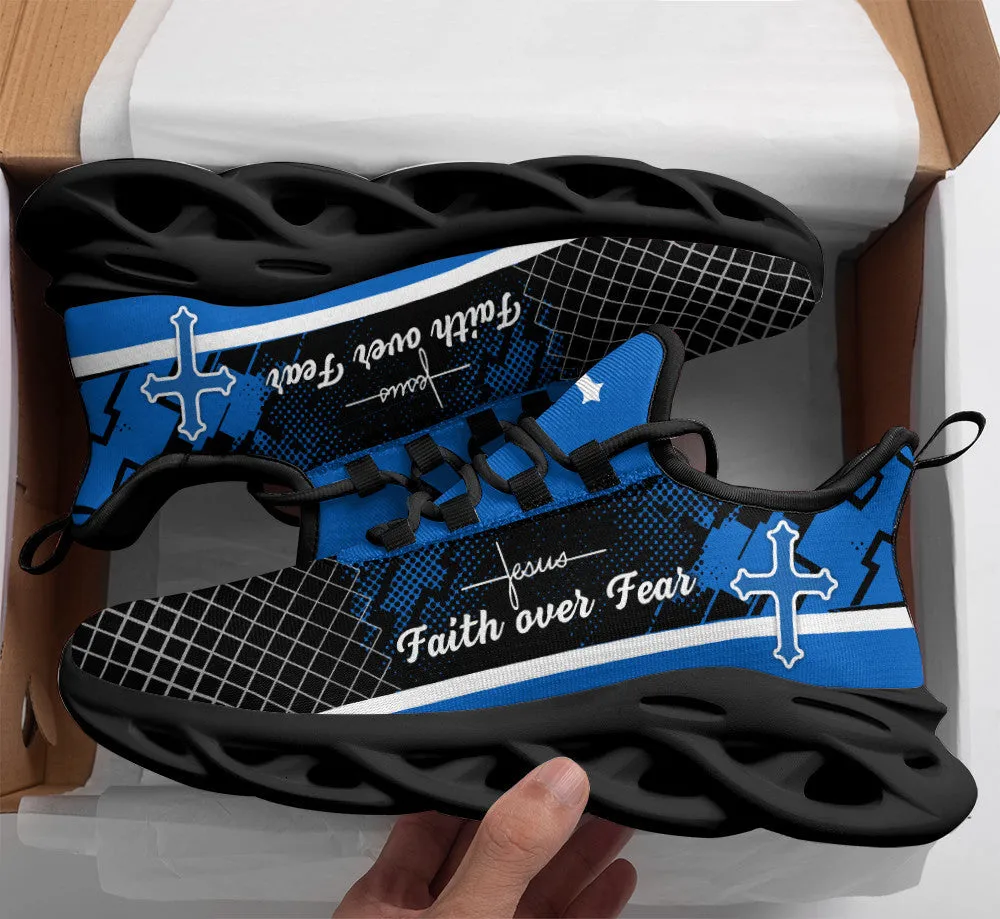 Jesus Blue Faith Over Fear Running Sneakers Max Soul Shoes - Christian Shoes For Men And Women