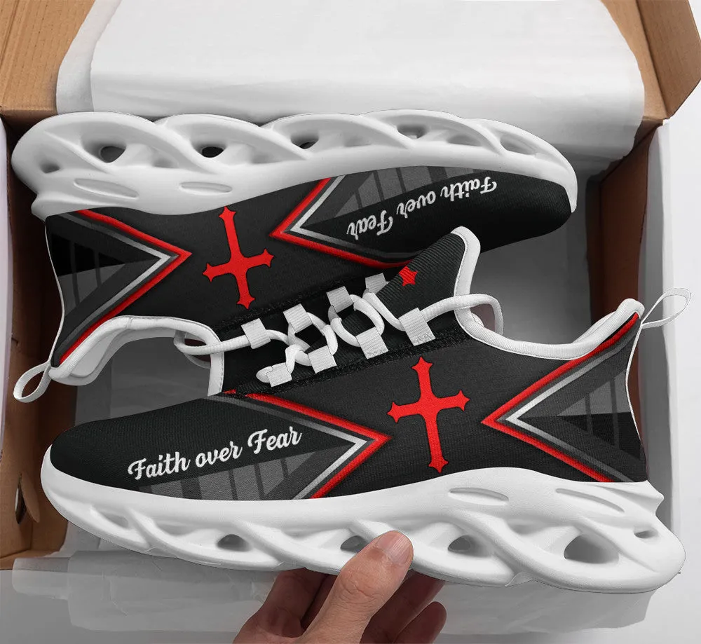 Jesus Faith Over Black Red Fear Running Sneakers Max Soul Shoes - Christian Shoes For Men And Women