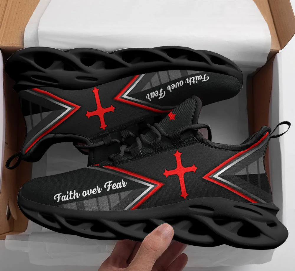 Jesus Faith Over Black Red Fear Running Sneakers Max Soul Shoes - Christian Shoes For Men And Women