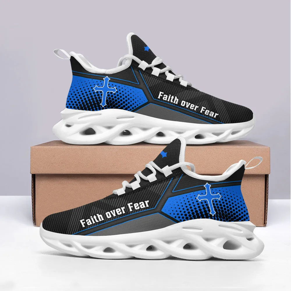 Jesus Faith Over Fear Blue Black Running Sneakers Max Soul Shoes - Christian Shoes For Men And Women