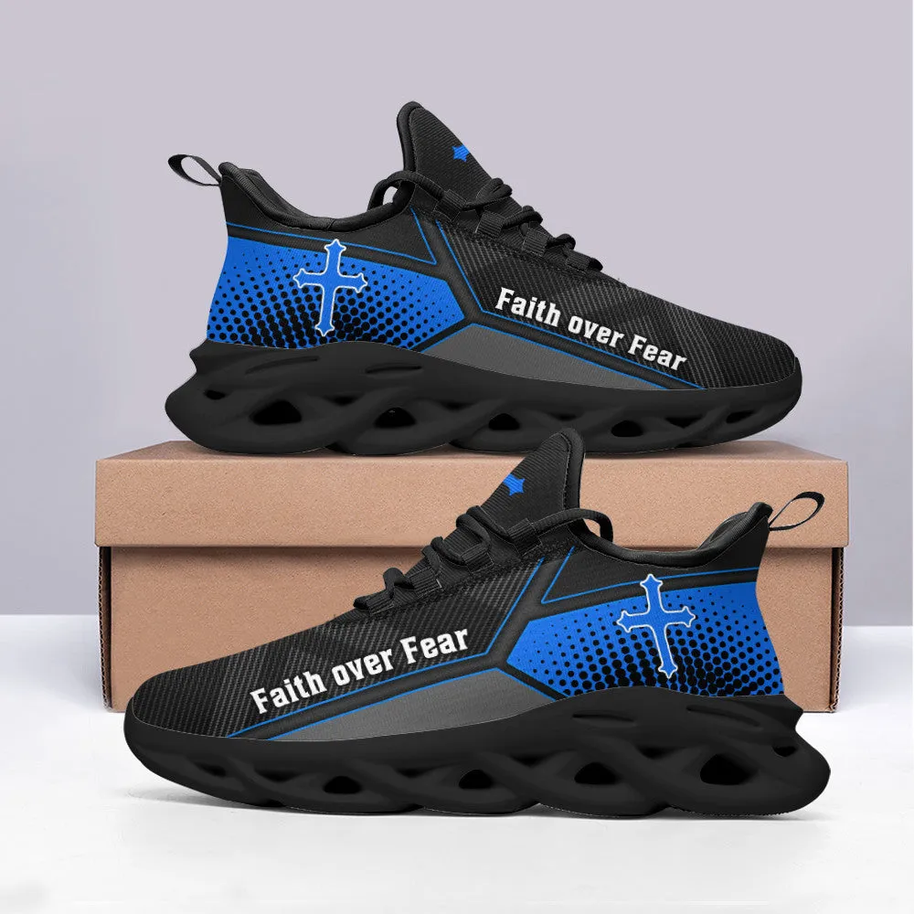 Jesus Faith Over Fear Blue Black Running Sneakers Max Soul Shoes - Christian Shoes For Men And Women