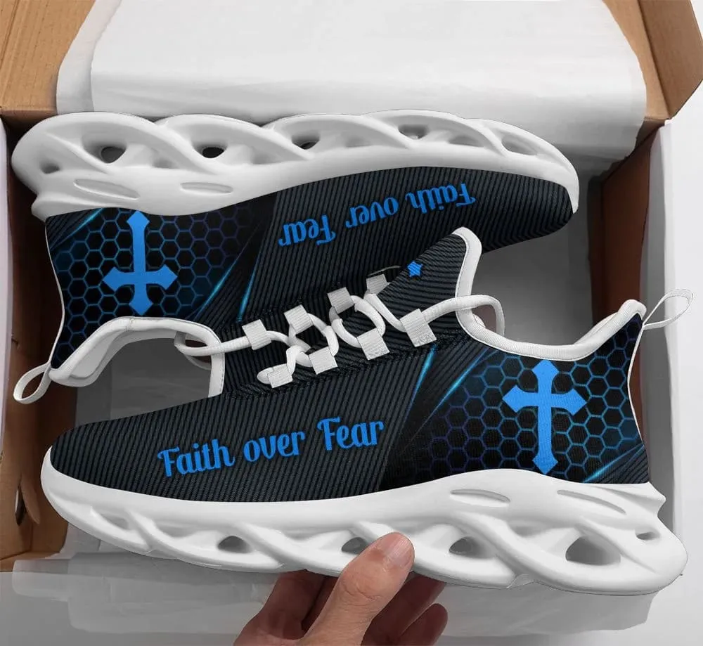 Jesus Faith Over Fear Running Sneakers Black And Blue Max Soul Shoes - Christian Shoes For Men And Women