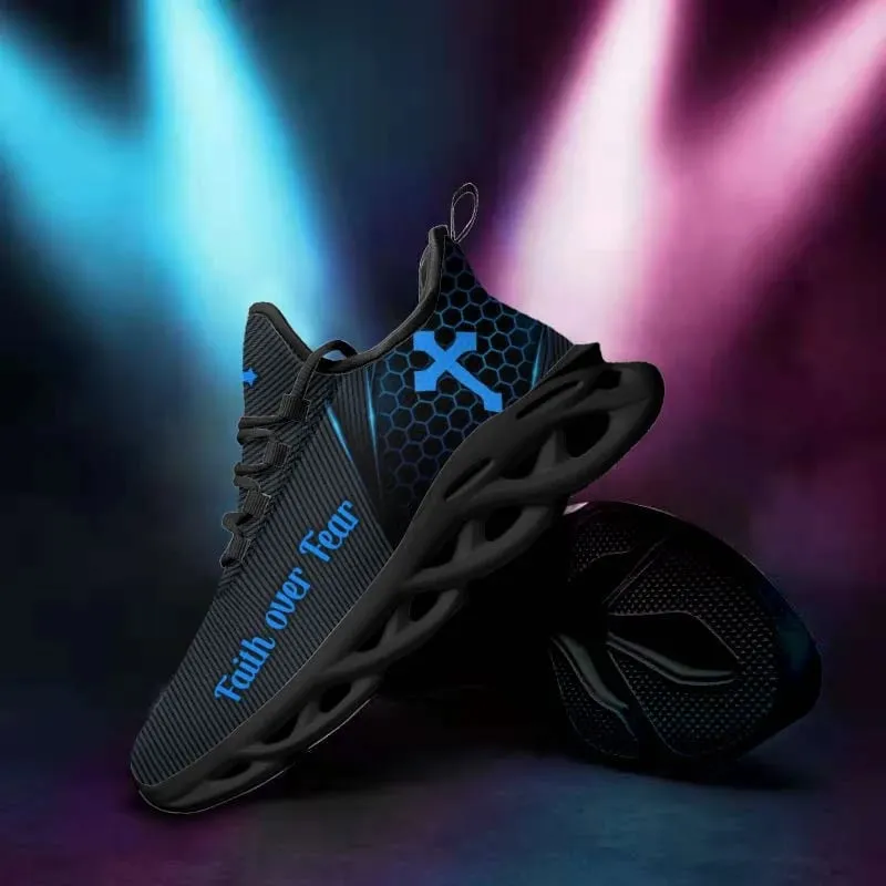 Jesus Faith Over Fear Running Sneakers Black And Blue Max Soul Shoes - Christian Shoes For Men And Women