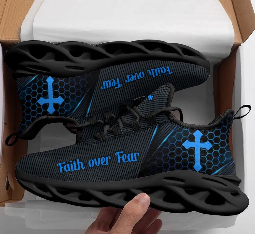 Jesus Faith Over Fear Running Sneakers Black And Blue Max Soul Shoes - Christian Shoes For Men And Women