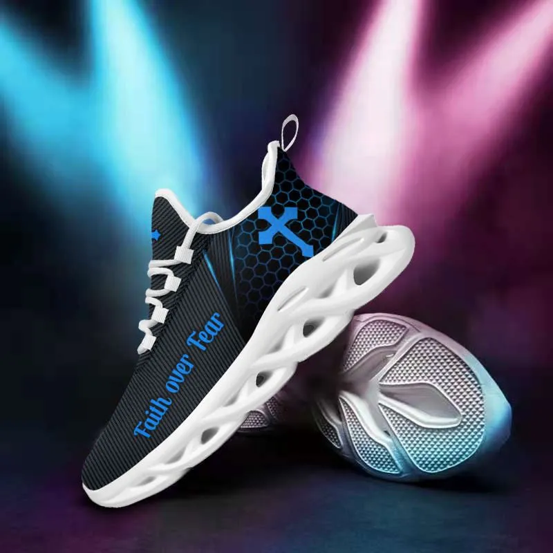 Jesus Faith Over Fear Running Sneakers Black And Blue Max Soul Shoes - Christian Shoes For Men And Women