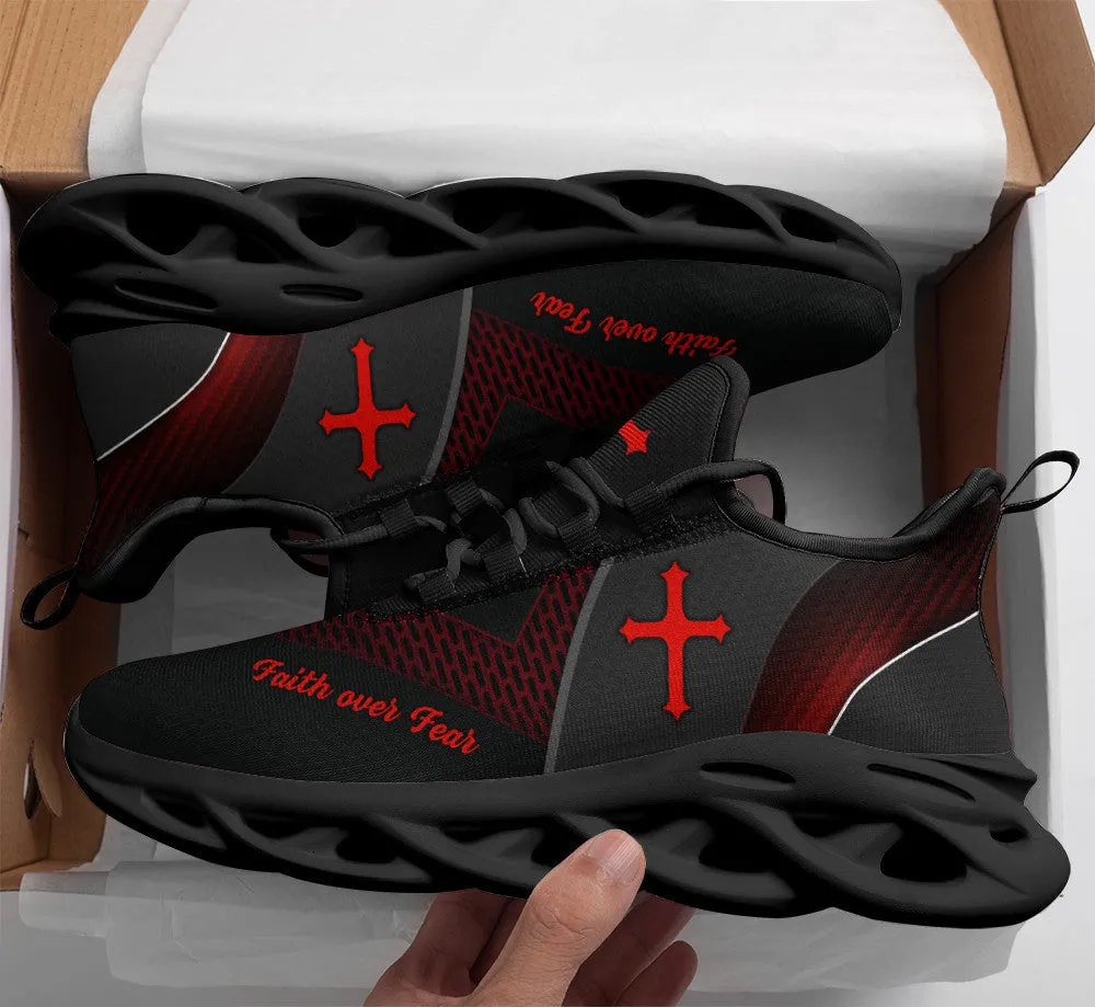 Jesus Faith Over Fear Running Sneakers Black Max Soul Shoes - Christian Shoes For Men And Women