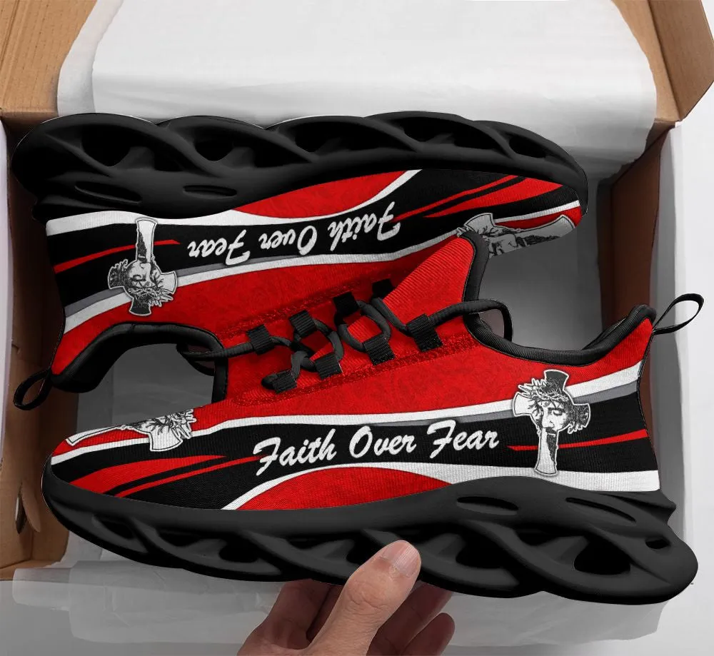 Jesus Faith Over Fear Running Sneakers Black Red Max Soul Shoes - Christian Shoes For Men And Women