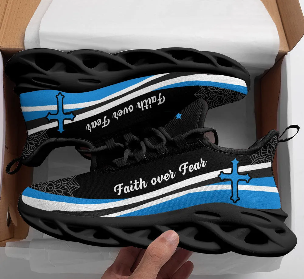 Jesus Faith Over Fear Running Sneakers Blue And White Max Soul Shoes - Christian Shoes For Men And Women