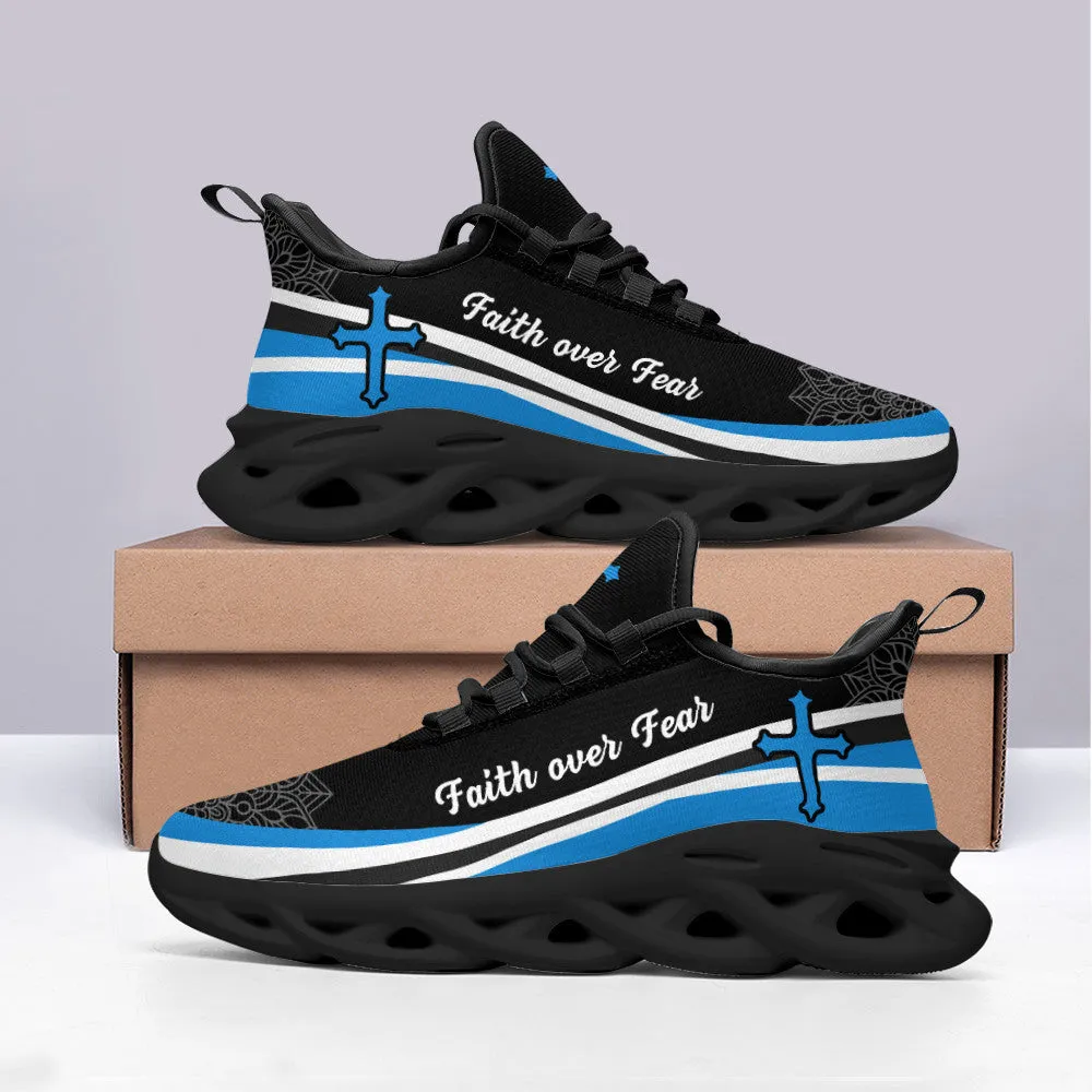 Jesus Faith Over Fear Running Sneakers Blue And White Max Soul Shoes - Christian Shoes For Men And Women