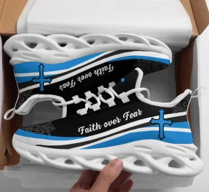 Jesus Faith Over Fear Running Sneakers Blue And White Max Soul Shoes - Christian Shoes For Men And Women