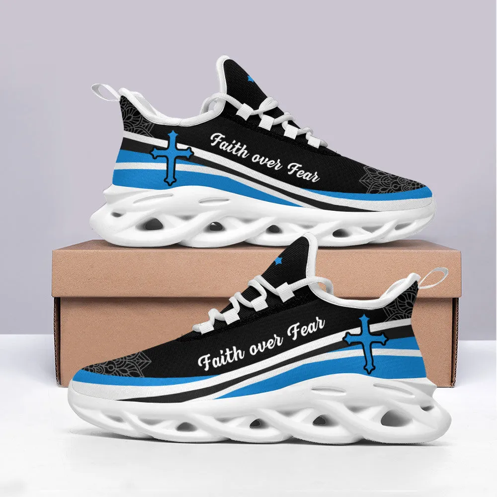 Jesus Faith Over Fear Running Sneakers Blue And White Max Soul Shoes - Christian Shoes For Men And Women