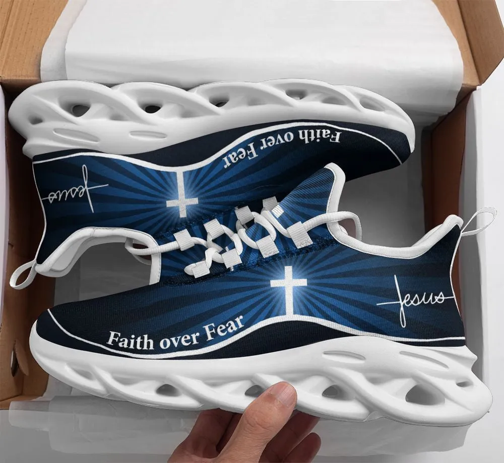 Jesus Faith Over Fear Running Sneakers Blue Max Soul Shoes - Christian Shoes For Men And Women