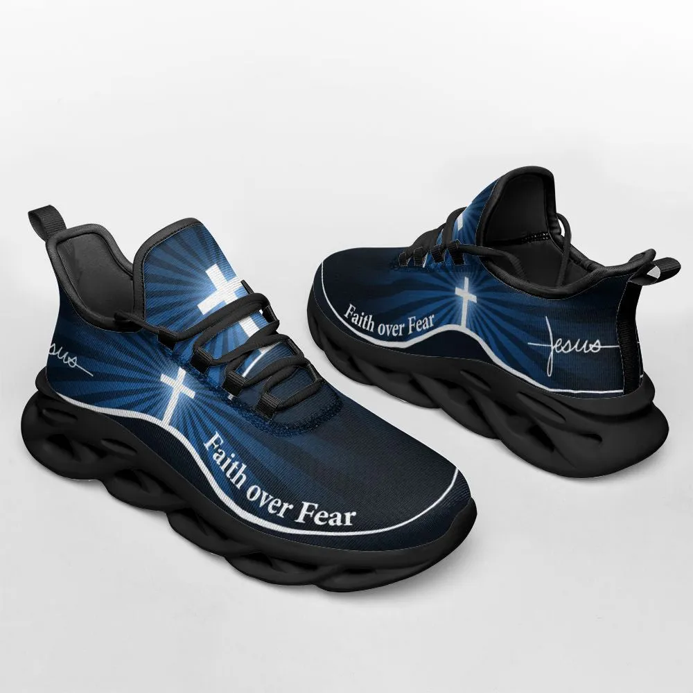 Jesus Faith Over Fear Running Sneakers Blue Max Soul Shoes - Christian Shoes For Men And Women