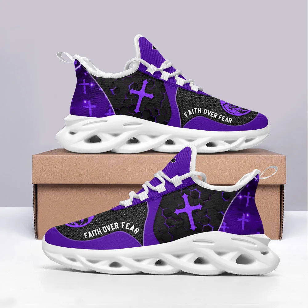 Jesus Faith Over Fear Running Sneakers Purple Max Soul Shoes - Christian Shoes For Men And Women