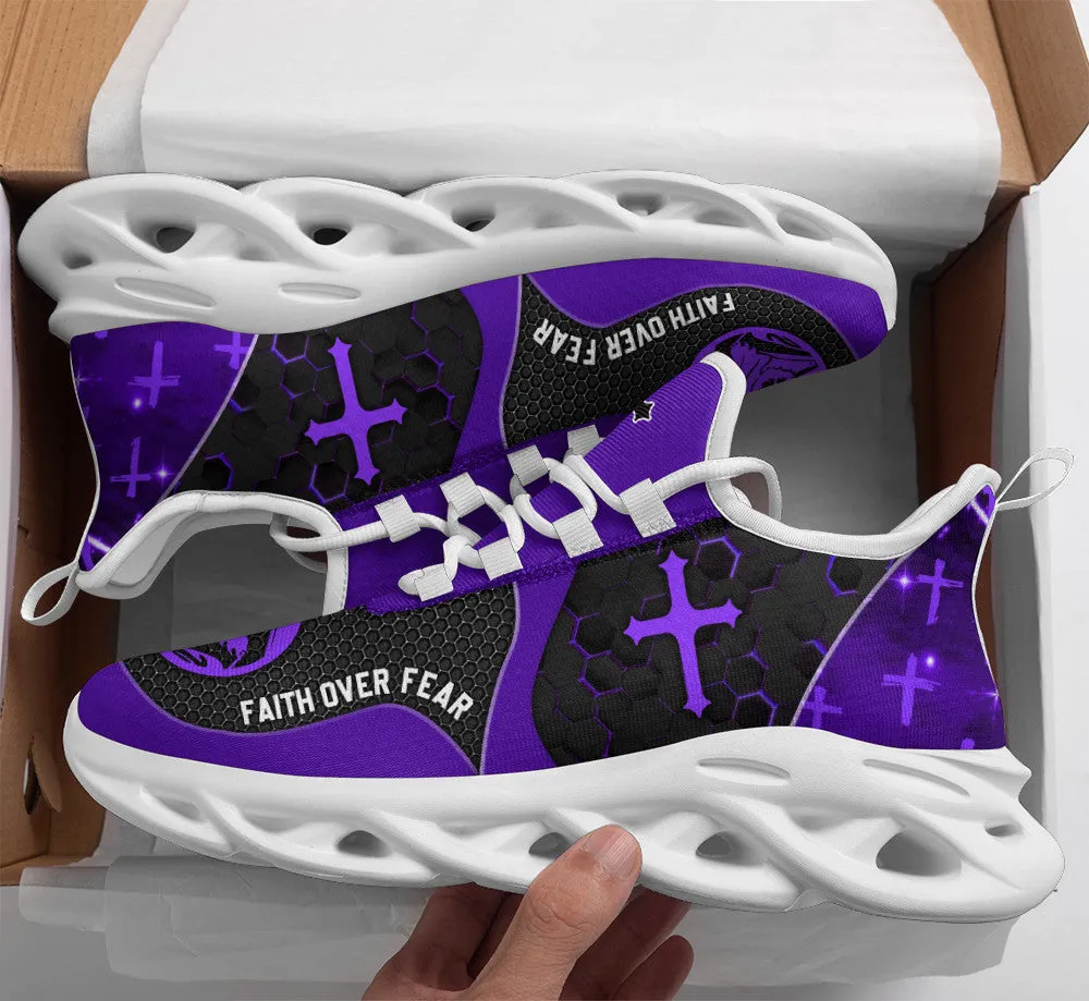 Jesus Faith Over Fear Running Sneakers Purple Max Soul Shoes - Christian Shoes For Men And Women