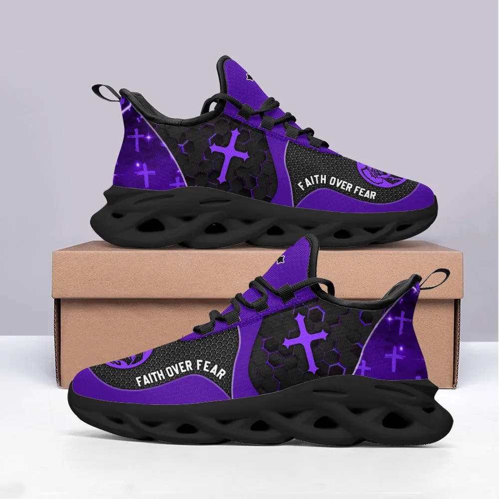 Jesus Faith Over Fear Running Sneakers Purple Max Soul Shoes - Christian Shoes For Men And Women