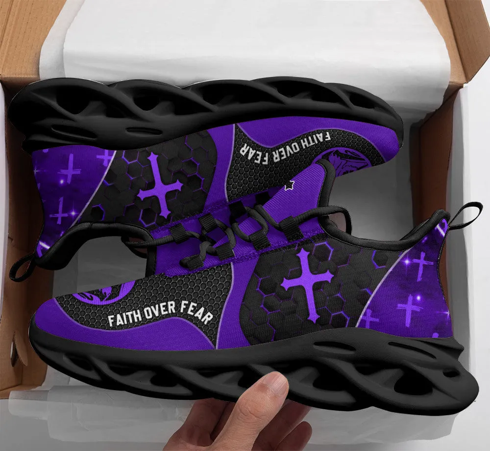 Jesus Faith Over Fear Running Sneakers Purple Max Soul Shoes - Christian Shoes For Men And Women