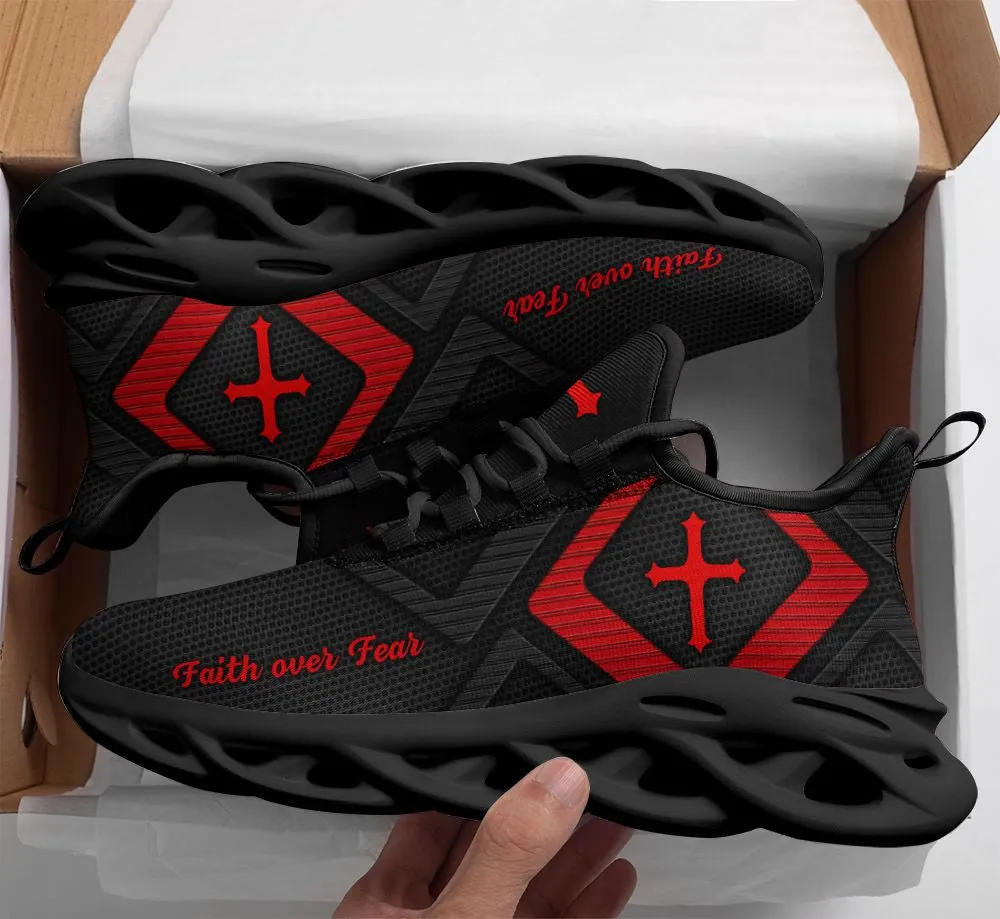 Jesus Faith Over Fear Running Sneakers Red And Black Max Soul Shoes - Christian Shoes For Men And Women