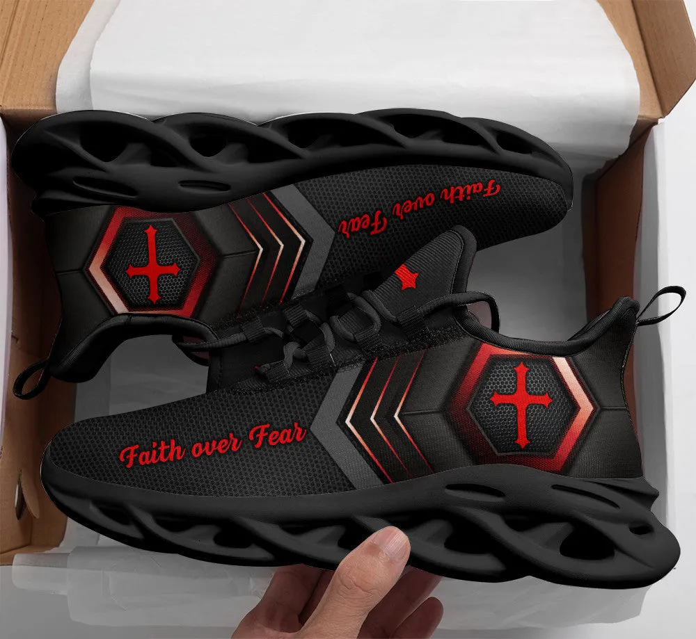 Jesus Faith Over Fear Running Sneakers Red Black Max Soul Shoes - Christian Shoes For Men And Women