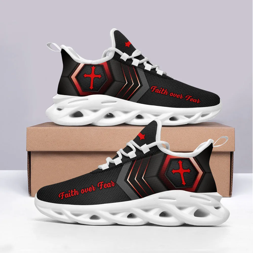 Jesus Faith Over Fear Running Sneakers Red Black Max Soul Shoes - Christian Shoes For Men And Women