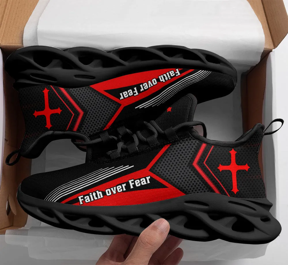 Jesus Faith Over Fear Running Sneakers Red Max Soul Shoes - Christian Shoes For Men And Women