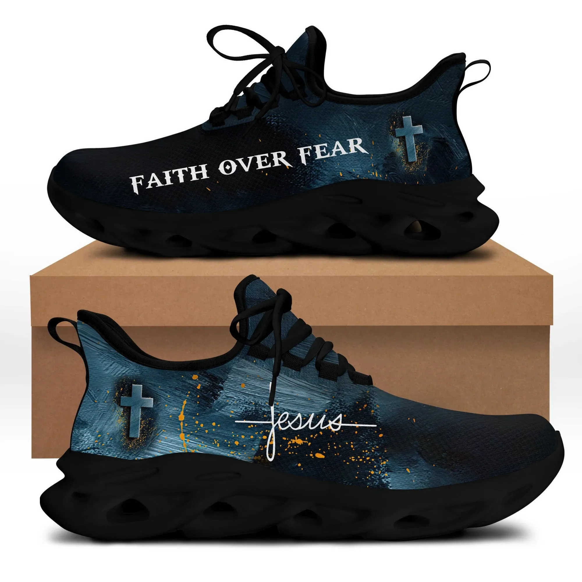 Jesus Faith Over Fear Running Sneakers White Black Max Soul Shoes - Christian Shoes For Men And Women