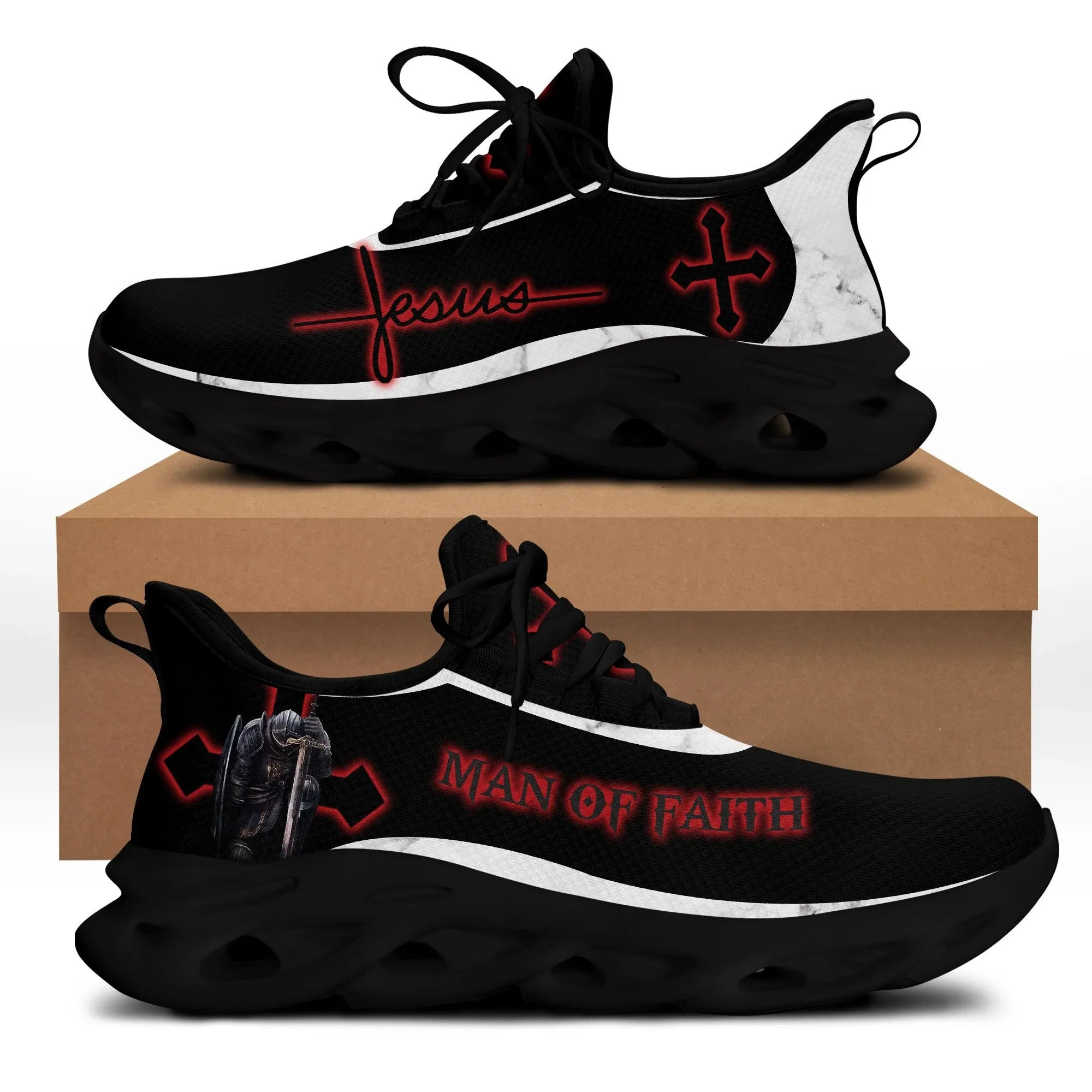 Jesus Men Of Faith Running Sneakers Red Black Max Soul Shoes - Christian Shoes For Men And Women