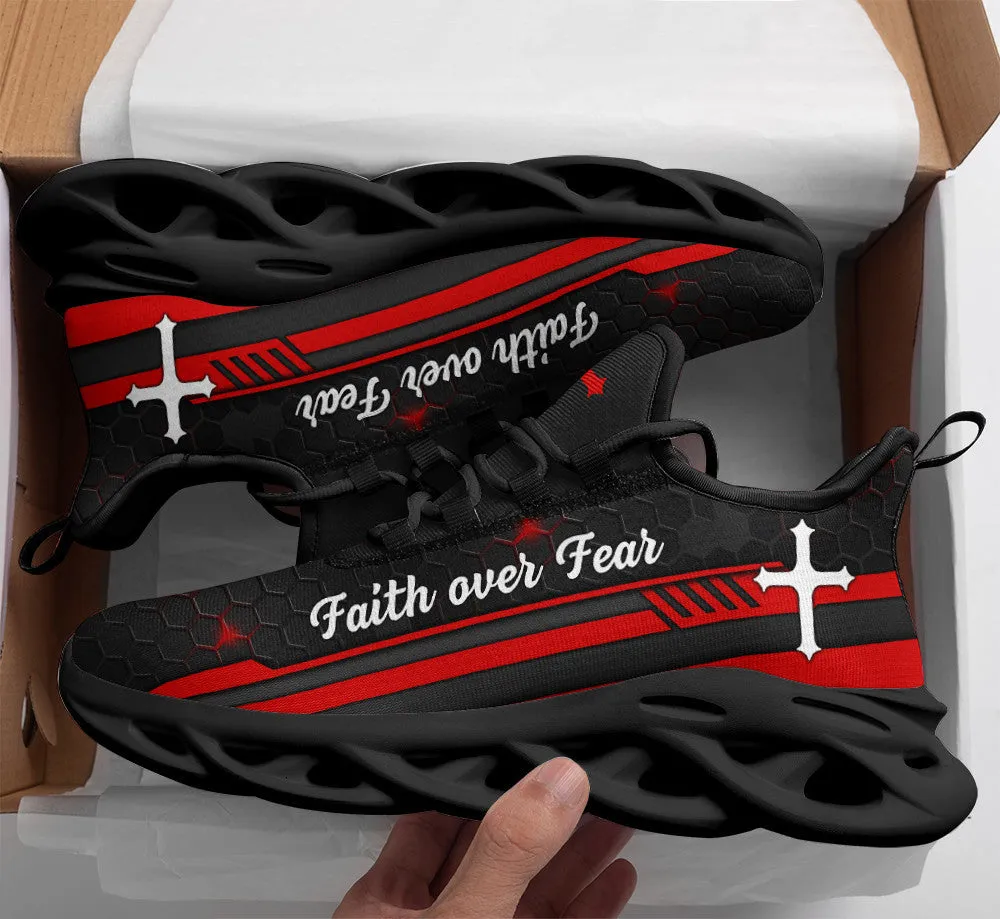 Jesus Red Black Faith Over Fear Running Sneakers Max Soul Shoes - Christian Shoes For Men And Women