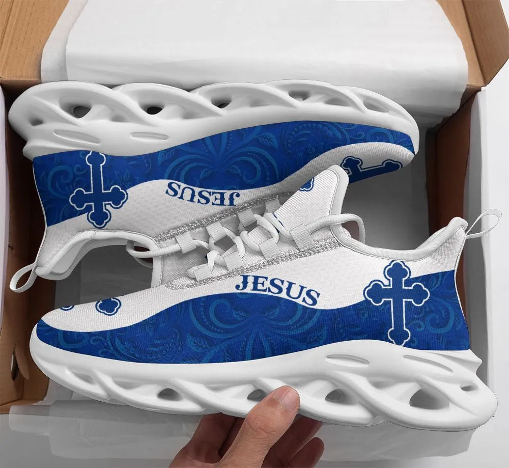 Jesus Running Sneakers Blue White Max Soul Shoes - Christian Shoes For Men And Women