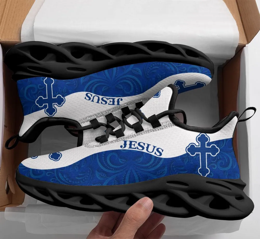 Jesus Running Sneakers Blue White Max Soul Shoes - Christian Shoes For Men And Women