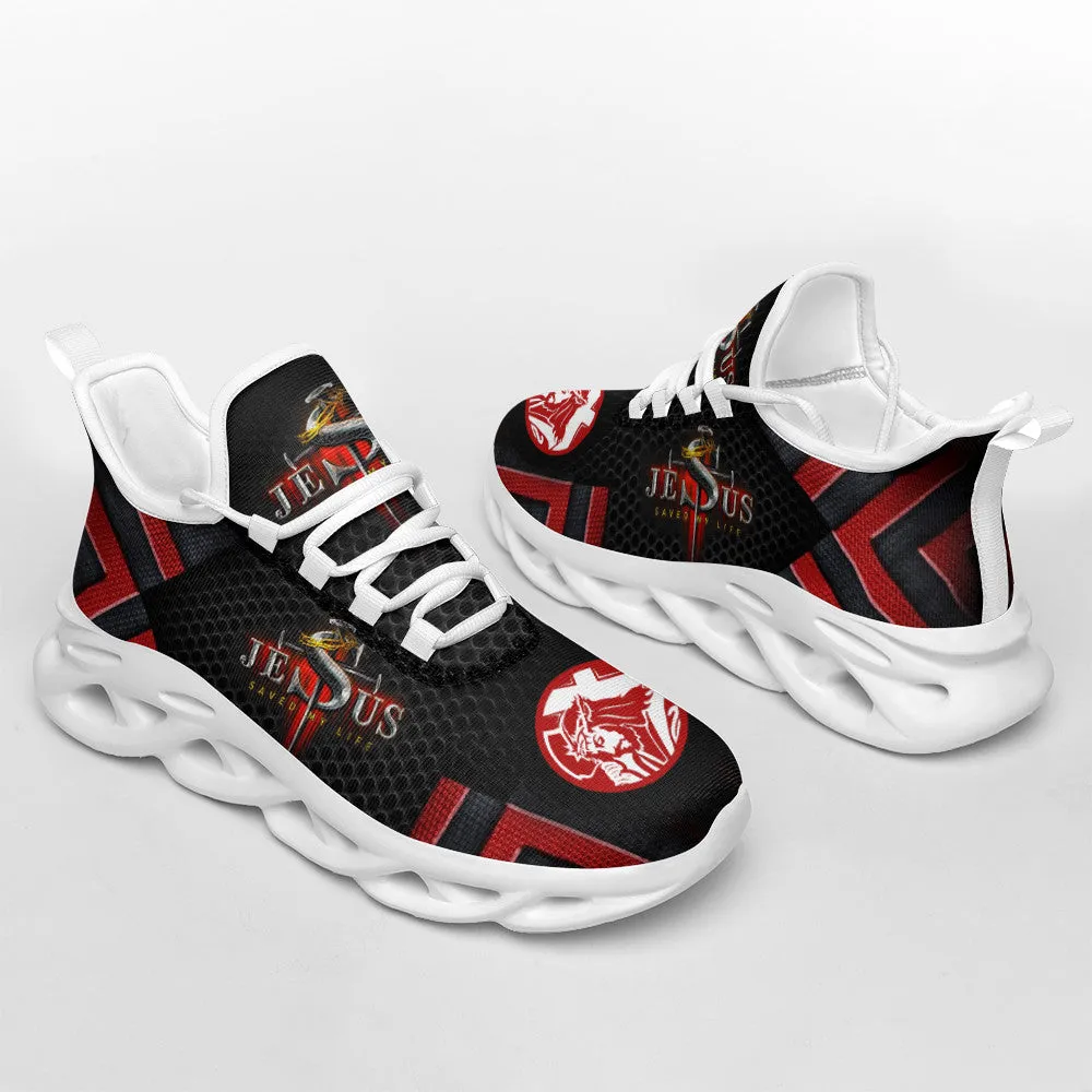 Jesus Saved My Life Running Sneakers Black And Red Max Soul Shoes - Christian Shoes For Men And Women