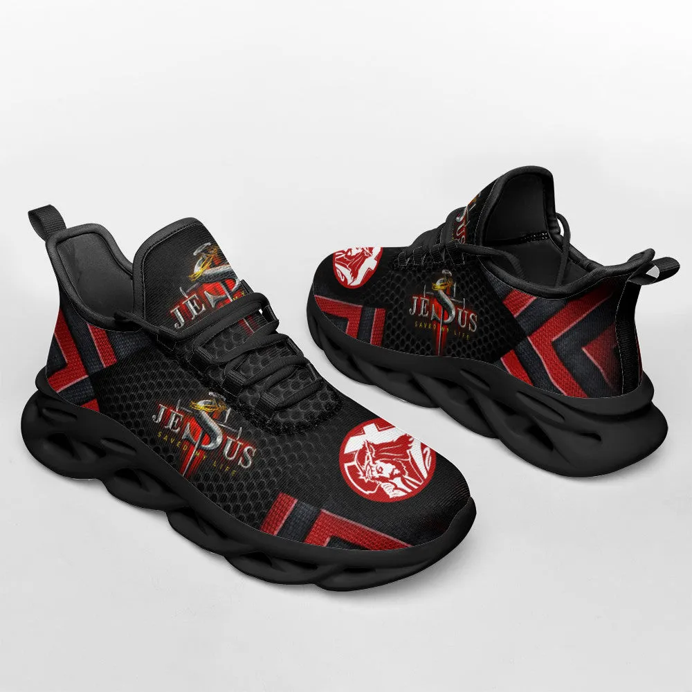 Jesus Saved My Life Running Sneakers Black And Red Max Soul Shoes - Christian Shoes For Men And Women