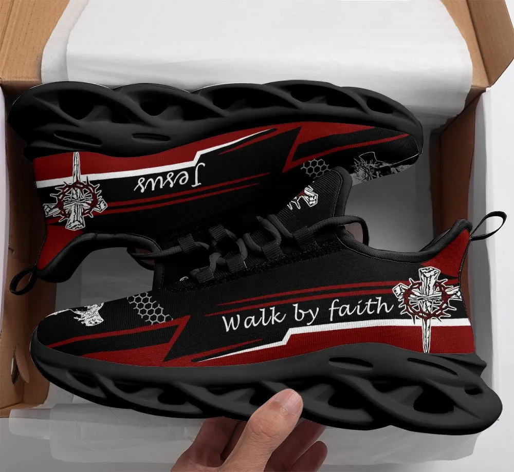 Jesus Walk By Faith Red Black Running Sneakers 3 Max Soul Shoes - Christian Shoes For Men And Women