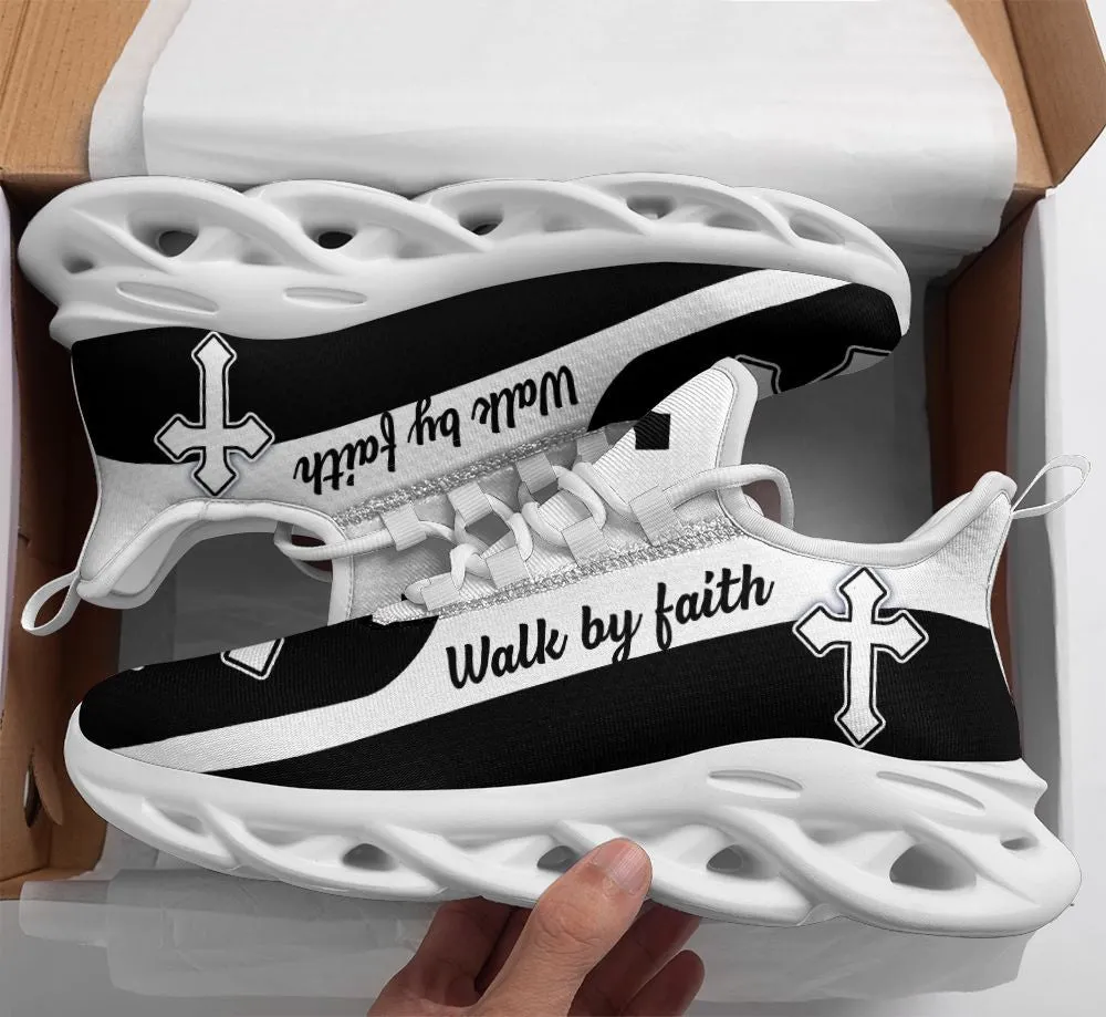 Jesus Walk By Faith Running Sneakers Black White 2 Max Soul Shoes - Christian Shoes For Men And Women