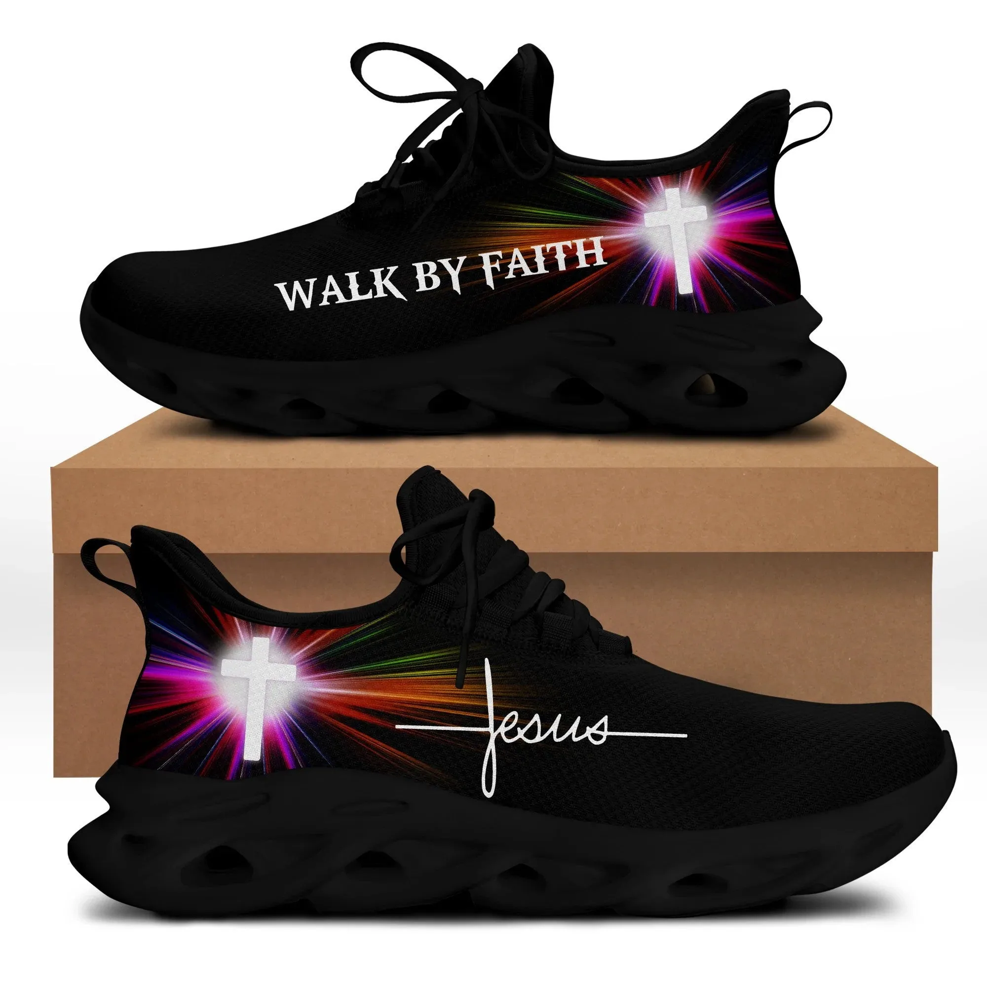 Jesus Walk By Faith Running Sneakers White Black 3 Max Soul Shoes - Christian Shoes For Men And Women