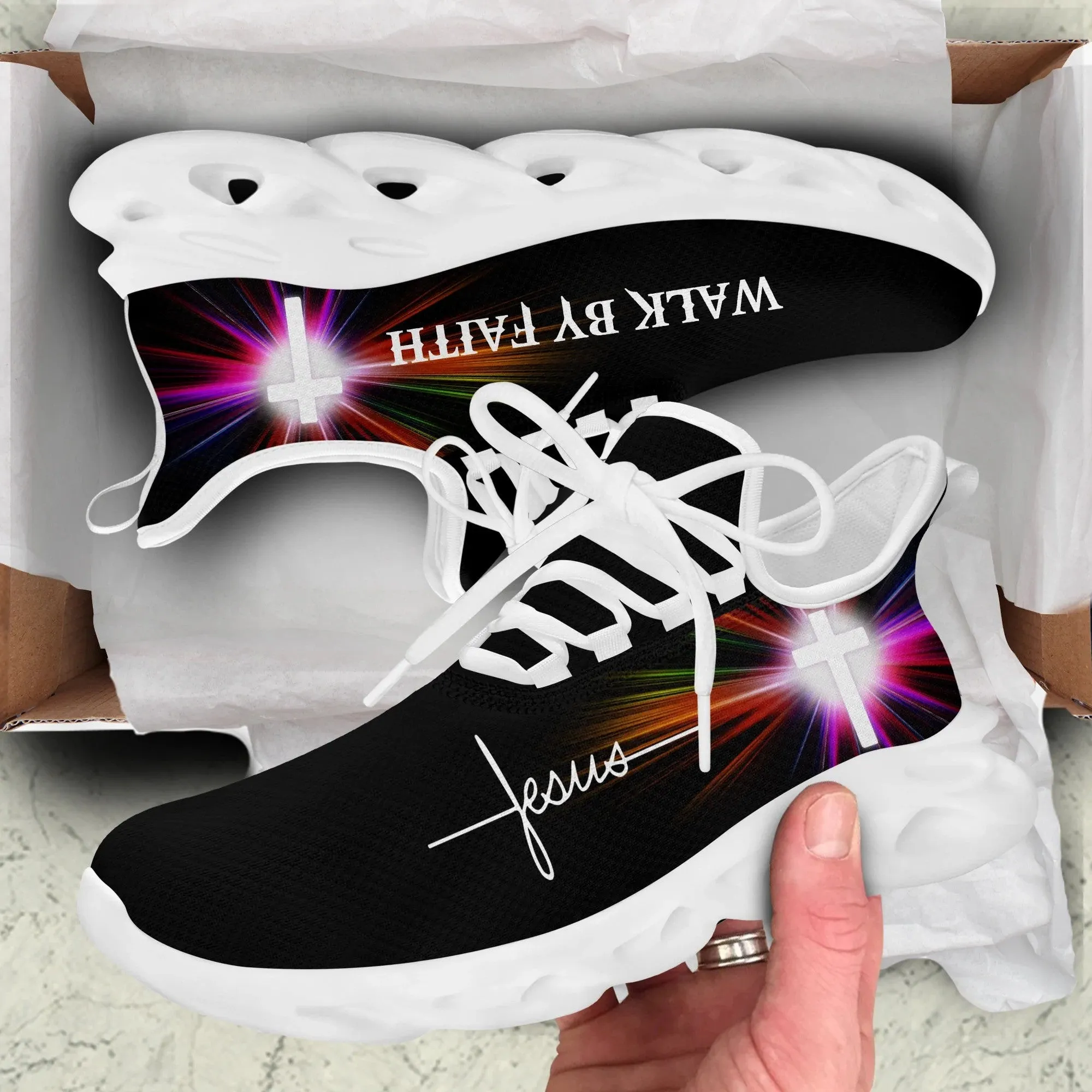 Jesus Walk By Faith Running Sneakers White Black 3 Max Soul Shoes - Christian Shoes For Men And Women