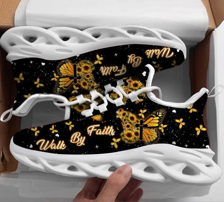 Jesus Yellow Butterfly Walk By Faith Running Sneakers Max Soul Shoes - Christian Shoes For Men And Women