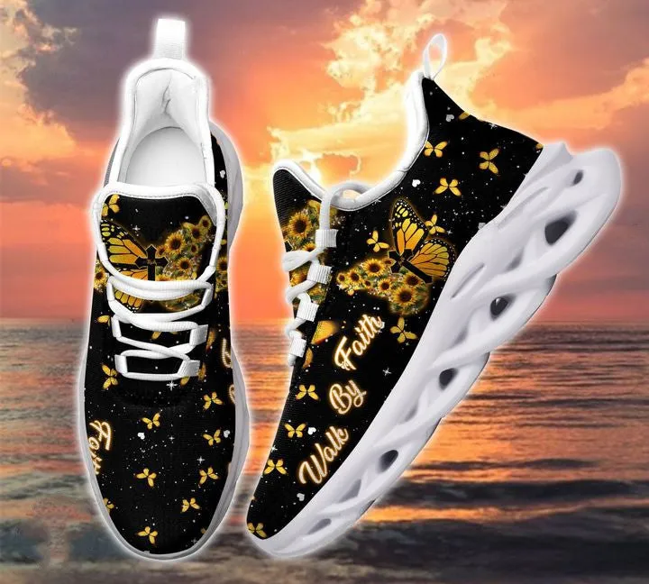 Jesus Yellow Butterfly Walk By Faith Running Sneakers Max Soul Shoes - Christian Shoes For Men And Women