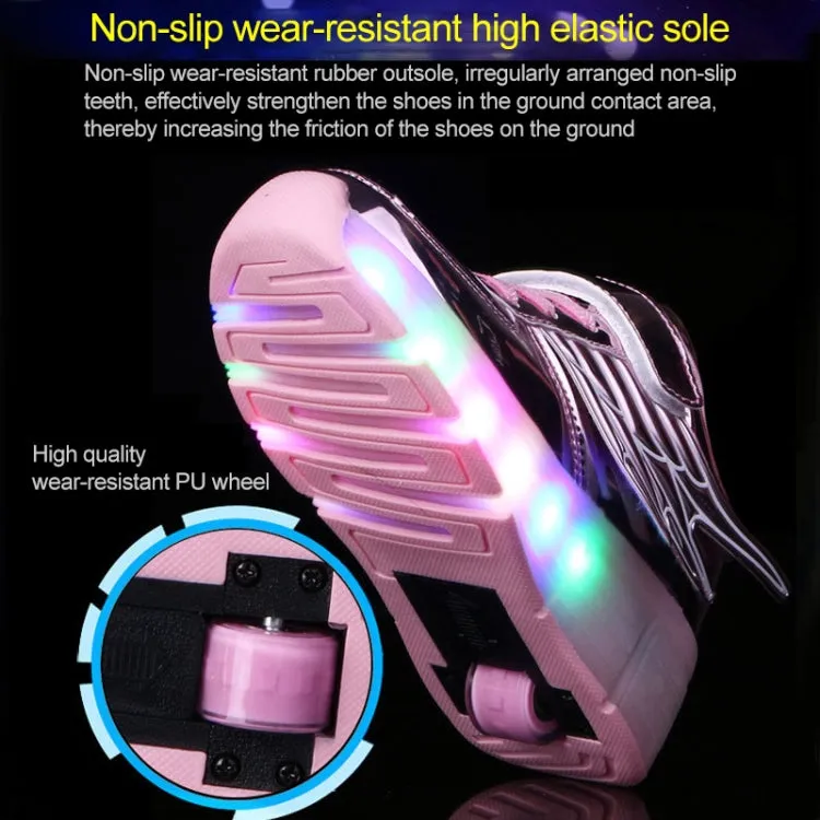 K02 LED Light Single Wheel Wing Roller Skating Shoes Sport Shoes, Size : 34 (Pink)