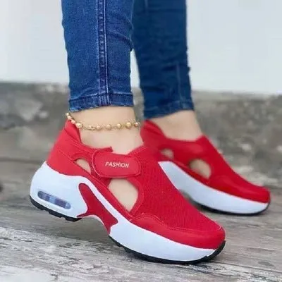 Large Size Thick-soled Old Shoes Wedge Heel Velcro Casual Single Shoes Breathable Flying Woven Sneakers Women