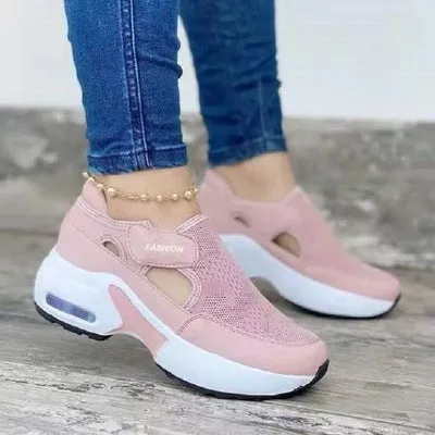 Large Size Thick-soled Old Shoes Wedge Heel Velcro Casual Single Shoes Breathable Flying Woven Sneakers Women