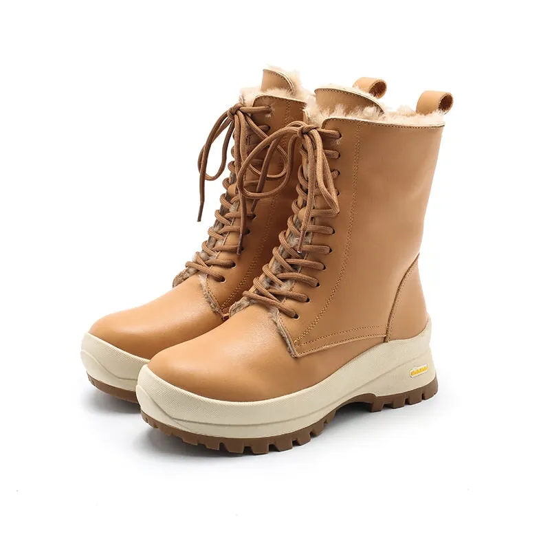 Leather Combat Boots Designer Chunky Riding Boots Have Shearling Lined in Apricot/Black/Brown/White