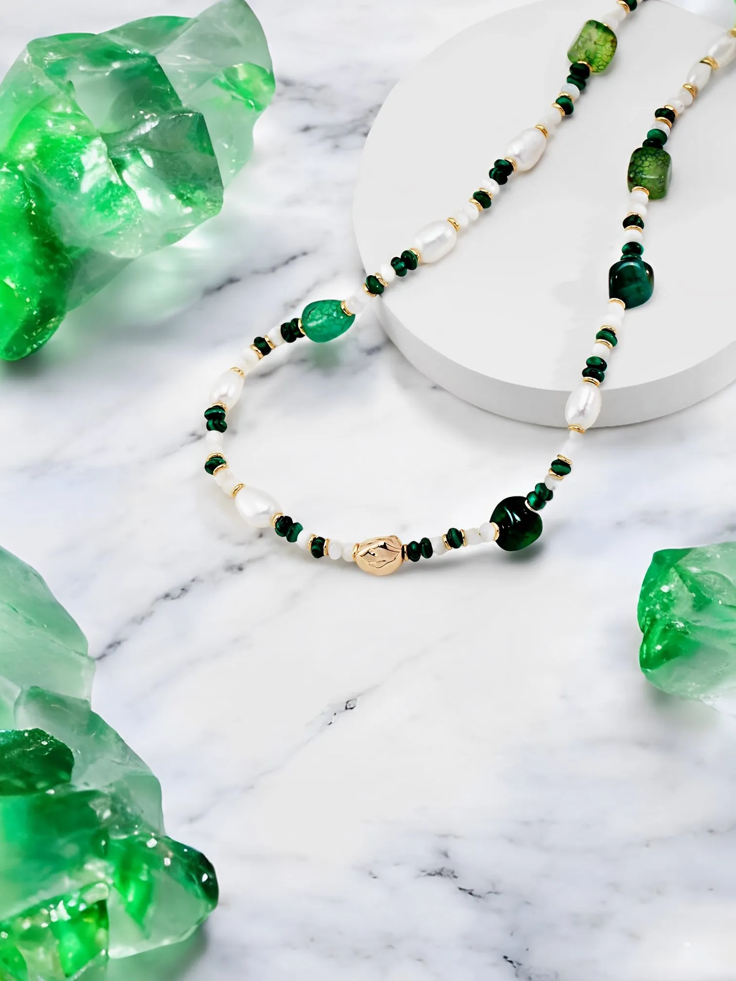 Livia - Green Agate with Pearl Beaded Necklace