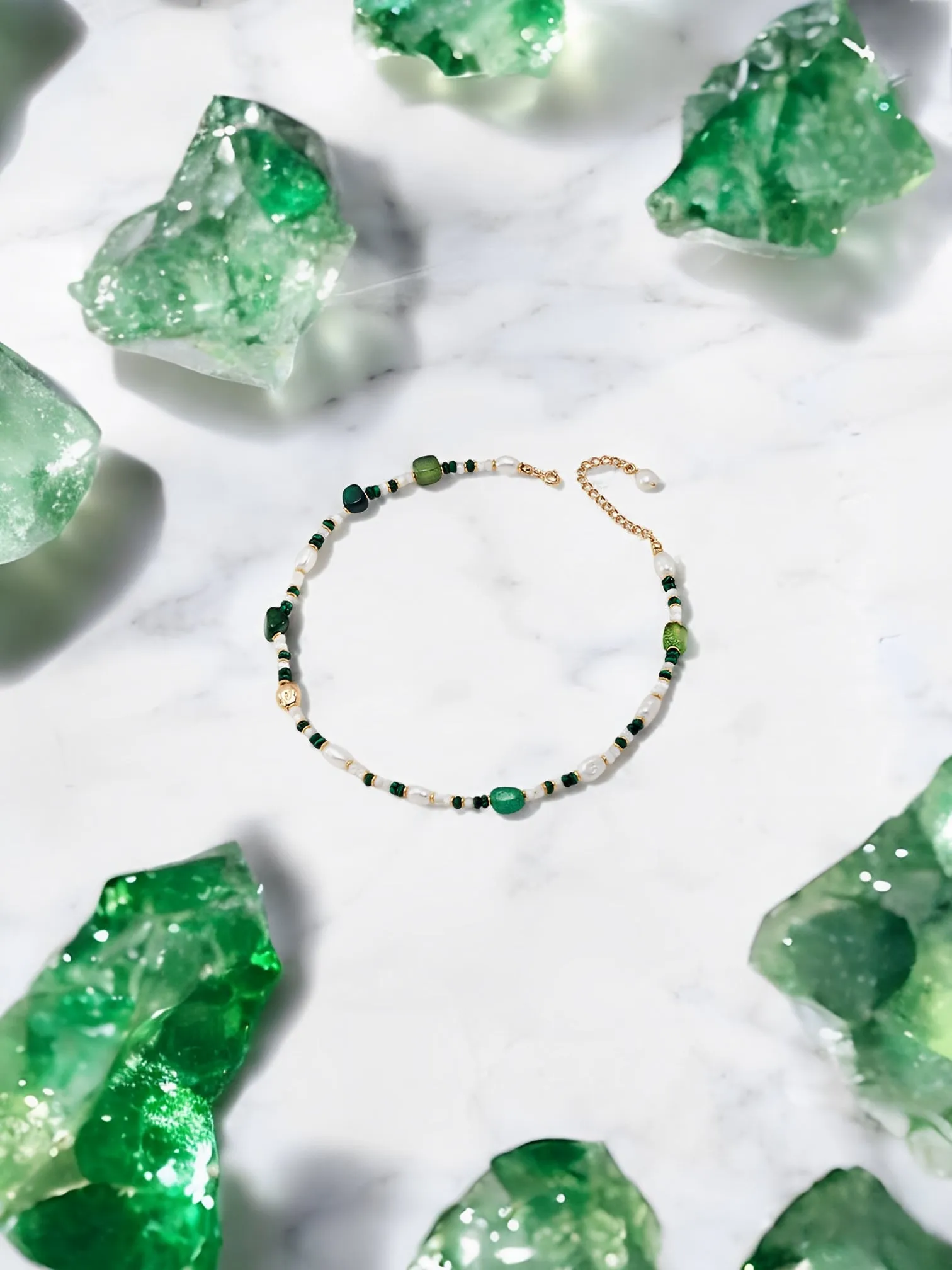 Livia - Green Agate with Pearl Beaded Necklace