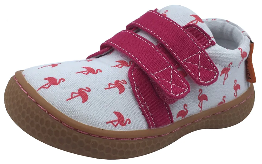 Livie & Luca Girl's Peppy Flamingo Printed White Textile Mary Jane with Double Hook and Loop Straps Flat Shoe