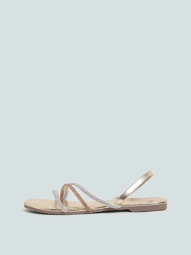 LUNA BLU Gold Cross Strapped Diamante Sling Back Sandals