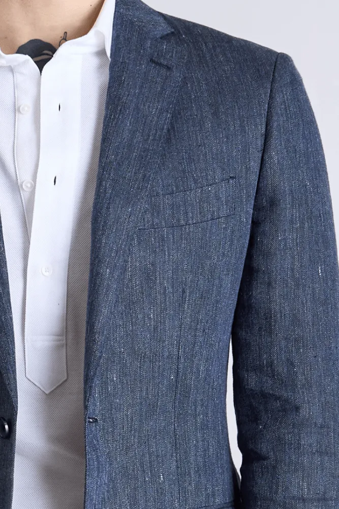 Matias Sports Jacket - Denim Blue Herringbone Linen