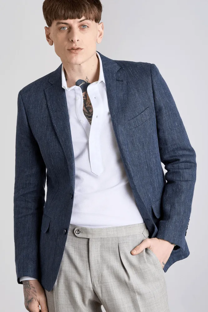 Matias Sports Jacket - Denim Blue Herringbone Linen