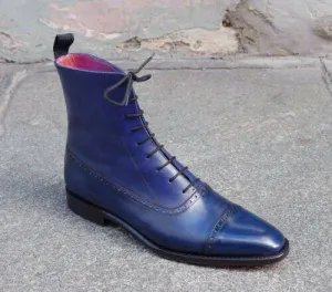 Men's Ankle High Blue Cap Toe Lace Up Leather Boots