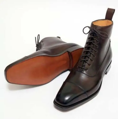 Men's Ankle High Brown Leather Cap Toe Lace Up Boots